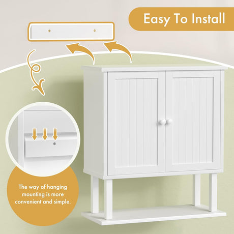 AmazerBath white coastal bamboo wall cabinet showing the rear mounting bracket and steps for hanging it on a wall.