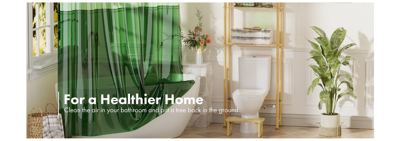 Bathroom with green shower curtain and plants, promoting a healthier home.