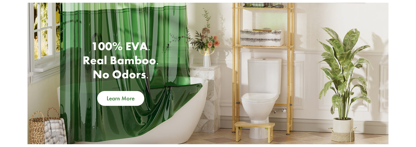 Bathroom with green EVA shower curtain labeled '100% EVA, Real Bamboo, No Odors'.