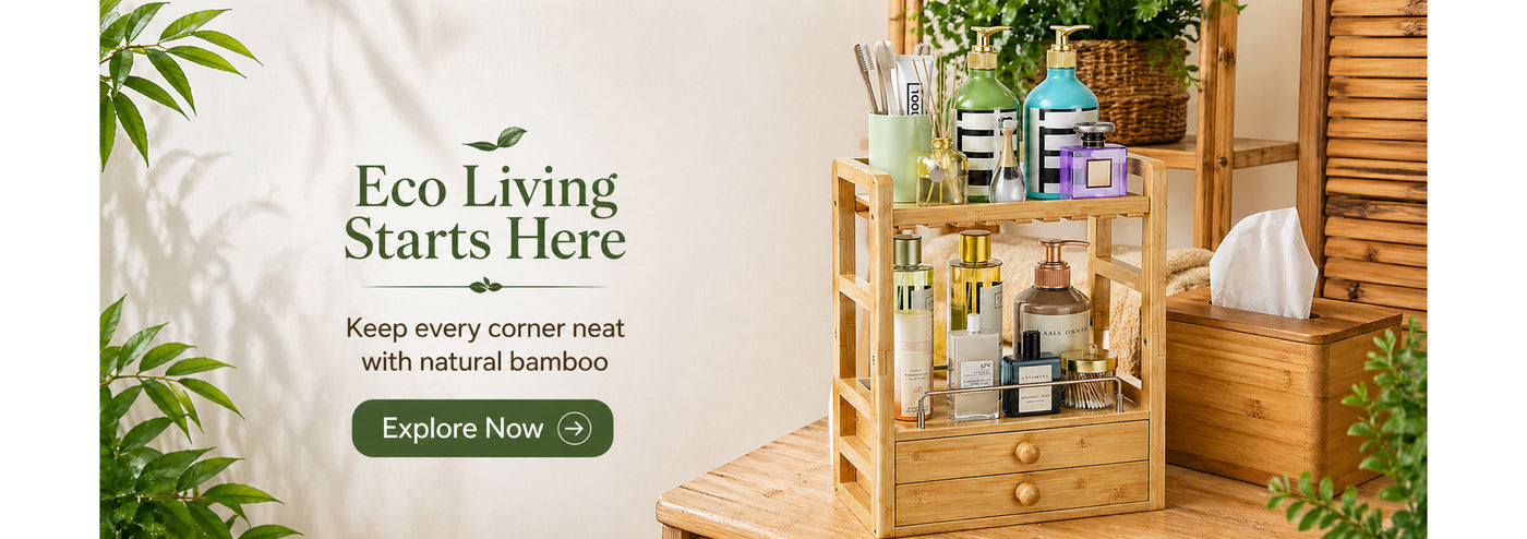 Bamboo shelf with skincare products and text 'Eco Living Starts Here' on a white background.