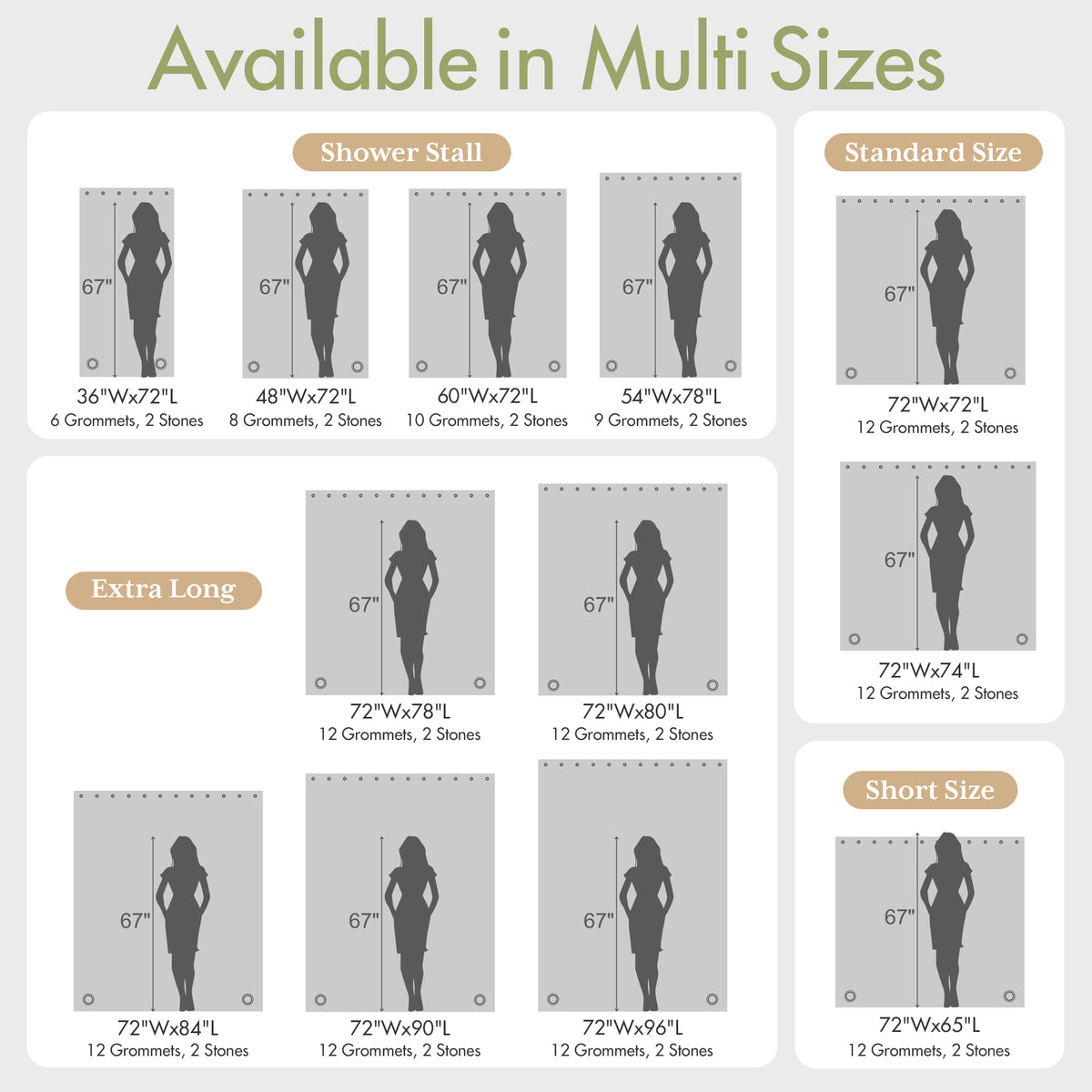AmazerBath White 120 GSM fabric shower curtain liner chart showing stall, short, standard, and extra-long size options.