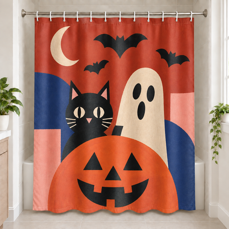 Geometric Halloween Shower Curtain displayed in a bright bathroom