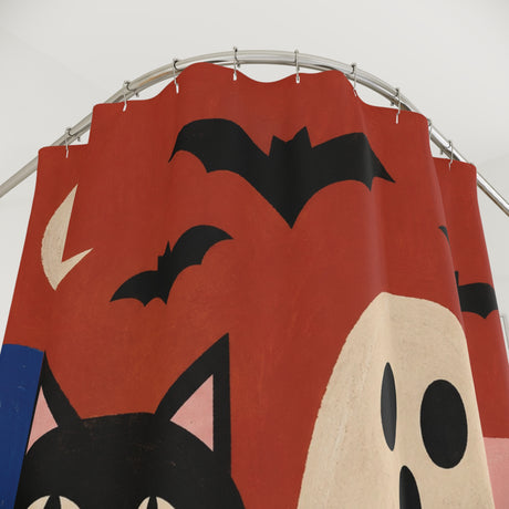 Close-up of Geometric Halloween Shower Curtain fabric, print, and buttonholes