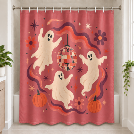 Groovy Disco Ghosts Halloween Shower Curtain displayed in a bright bathroom