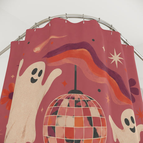 Close-up of Groovy Disco Ghosts Halloween Shower Curtain fabric, print, and buttonholes