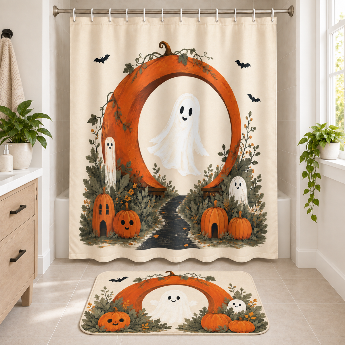Ghost & Pumpkin Arch Halloween Shower Curtain and matching Halloween bath mat displayed together in a bathroom
