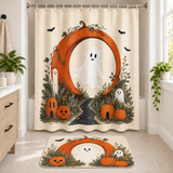Ghost & Pumpkin Arch Halloween Shower Curtain and matching Halloween bath mat displayed together in a bathroom