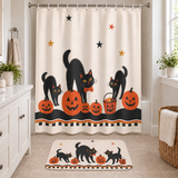 Matching retro black cats Halloween shower curtain with twelve fabric buttonholes and bath mat in one bathroom