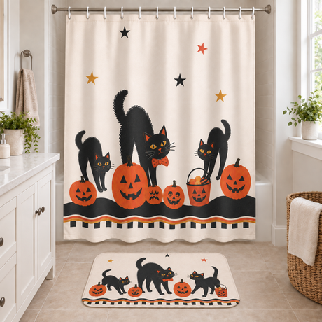 Matching retro black cats Halloween shower curtain with twelve fabric buttonholes and bath mat in one bathroom