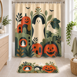 Boho Ghosts & Pumpkins Halloween Shower Curtain and matching Halloween bath mat displayed together in a bathroom
