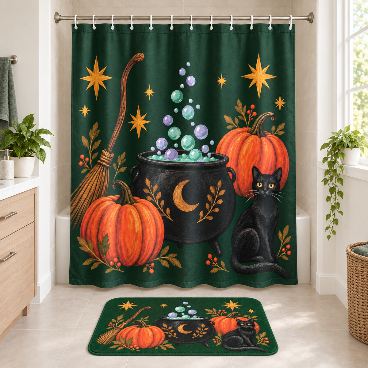 Witchy Folk Cauldron Halloween Shower Curtain and matching Halloween bath mat displayed together in a bathroom
