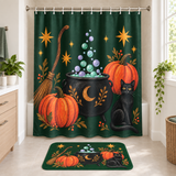 Witchy Folk Cauldron Halloween Shower Curtain and matching Halloween bath mat displayed together in a bathroom