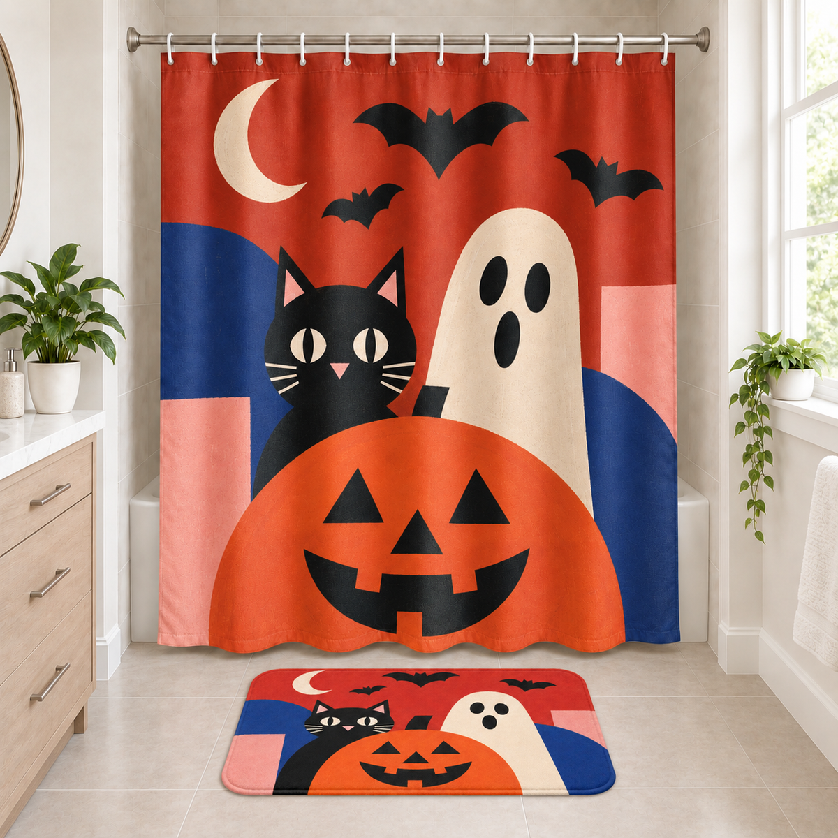 Geometric Halloween Shower Curtain and matching Halloween bath mat displayed together in a bathroom
