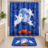 Moonlit Ghosts Halloween Shower Curtain and matching Halloween bath mat displayed together in a bathroom