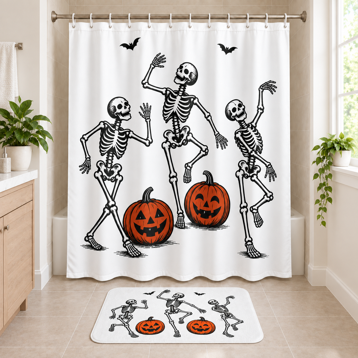 Linocut Dancing Skeletons Halloween Shower Curtain and matching Halloween bath mat displayed together in a bathroom