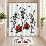 Linocut Dancing Skeletons Halloween Shower Curtain and matching Halloween bath mat displayed together in a bathroom