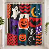 Halloween Patchwork Shower Curtain displayed in a bright bathroom