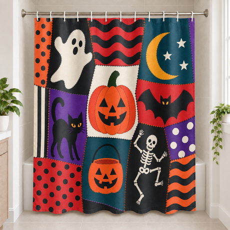 Halloween Patchwork Shower Curtain displayed in a bright bathroom