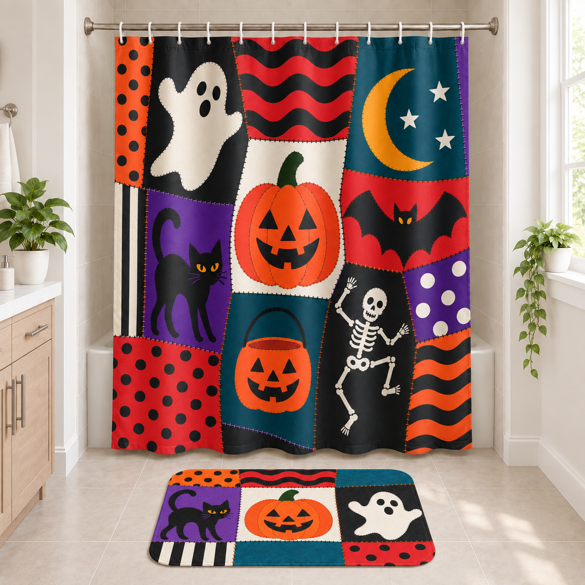 Halloween Patchwork Shower Curtain and matching Halloween bath mat displayed together in a bathroom
