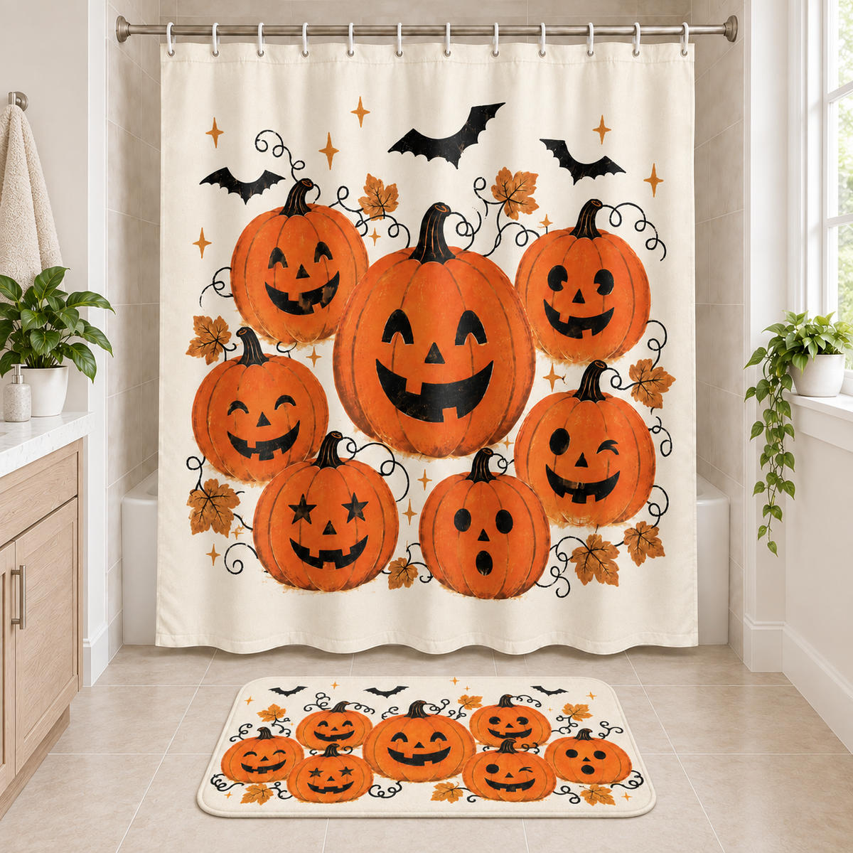 Vintage Pumpkin Patch Halloween Shower Curtain and matching Halloween bath mat displayed together in a bathroom