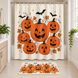 Vintage Pumpkin Patch Halloween Shower Curtain and matching Halloween bath mat displayed together in a bathroom