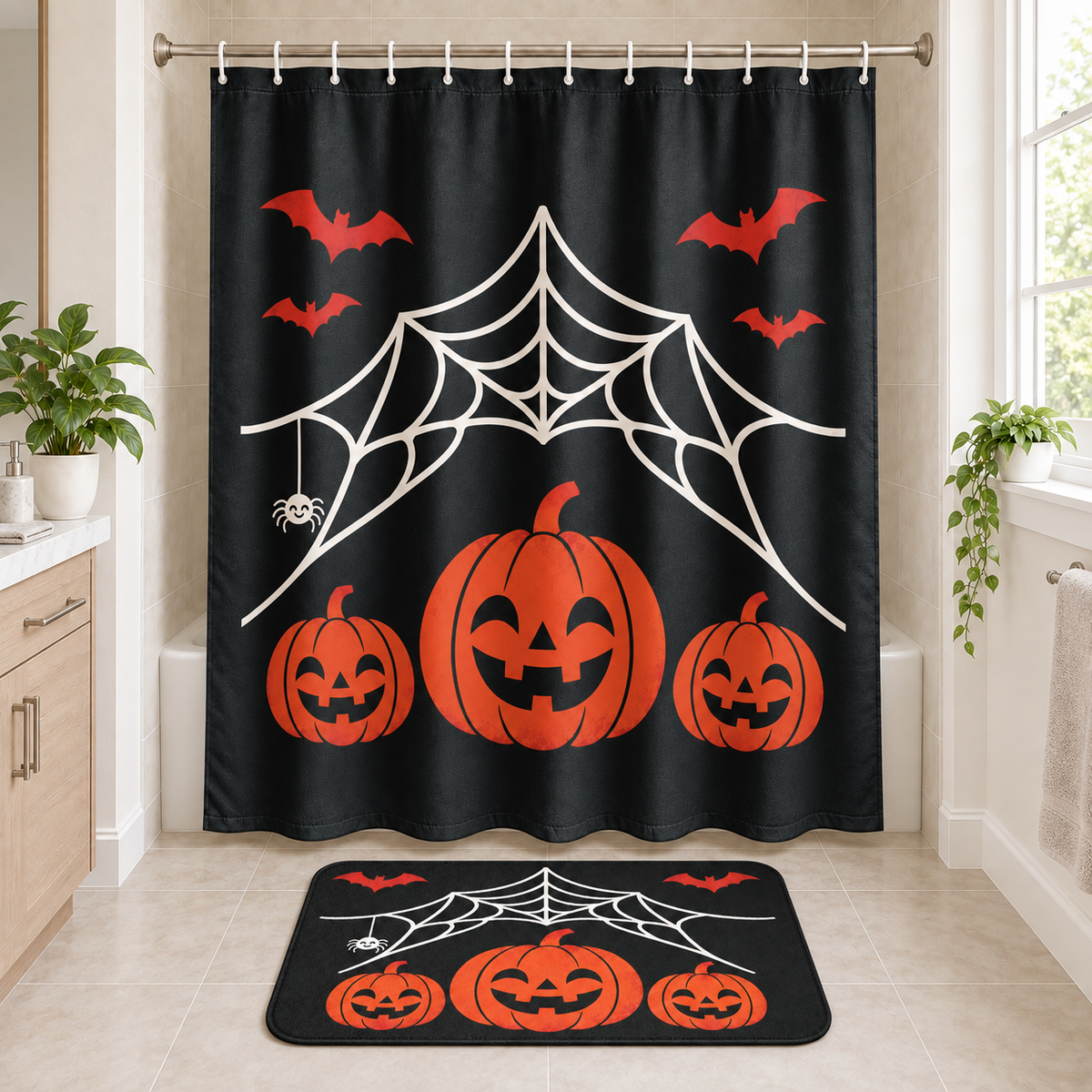 Spiderweb Pumpkin Halloween Shower Curtain and matching Halloween bath mat displayed together in a bathroom