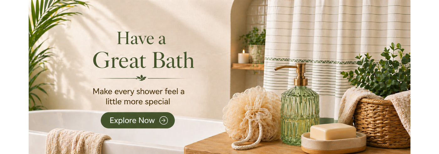 Bathroom scene with bath products and text 'Have a Great Bath' on a light background.