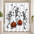 Linocut Dancing Skeletons Halloween Shower Curtain displayed in a bright bathroom