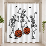 Linocut Dancing Skeletons Halloween Shower Curtain displayed in a bright bathroom