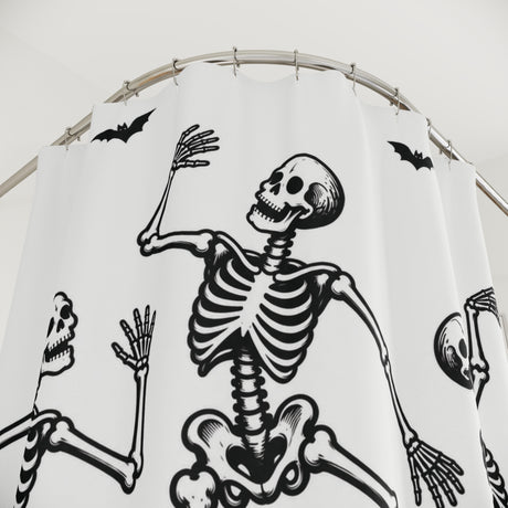 Close-up of Linocut Dancing Skeletons Halloween Shower Curtain fabric, print, and buttonholes