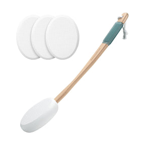 Cleaning tool with a white head and wooden handle, accompanied by three replacement filters on a white background.