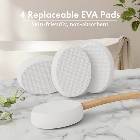 White EVA pads with a wooden handle on a marble surface, with text indicating replaceable pads and skin-friendly properties.