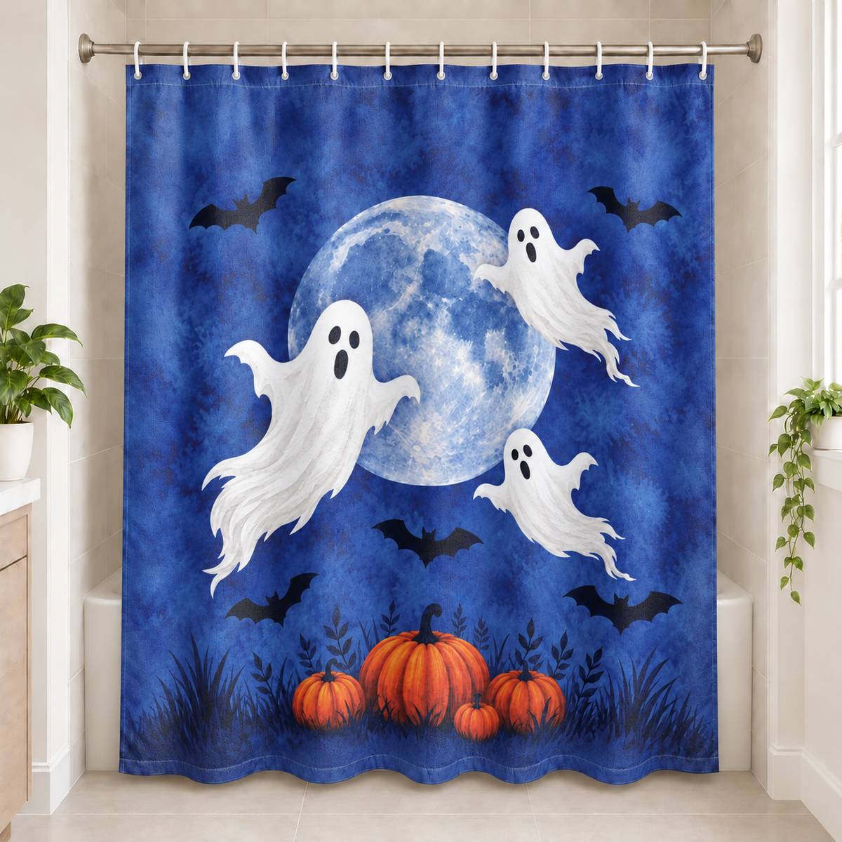 Moonlit Ghosts Halloween Shower Curtain displayed in a bright bathroom