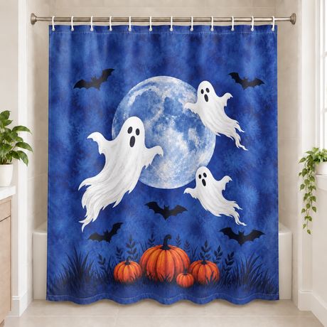 Moonlit Ghosts Halloween Shower Curtain displayed in a bright bathroom