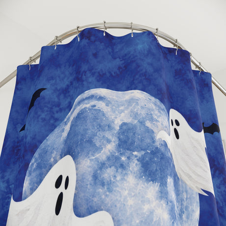 Close-up of Moonlit Ghosts Halloween Shower Curtain fabric, print, and buttonholes