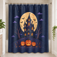 Haunted house shower curtain: shows a moonlit haunted house rising above carved pumpkins on dark blue fabric.