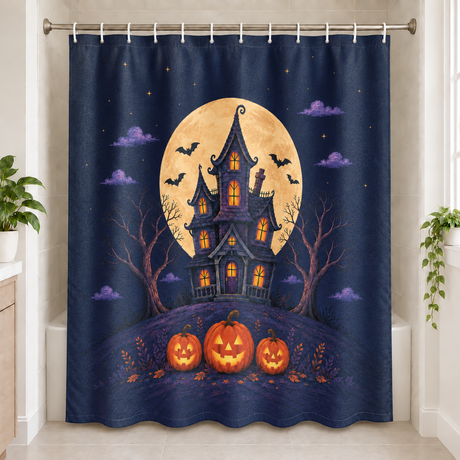Moonlit Haunted House Halloween Shower Curtain displayed in a bright bathroom