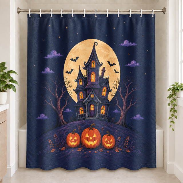 Haunted house shower curtain: shows a moonlit haunted house rising above carved pumpkins on dark blue fabric.