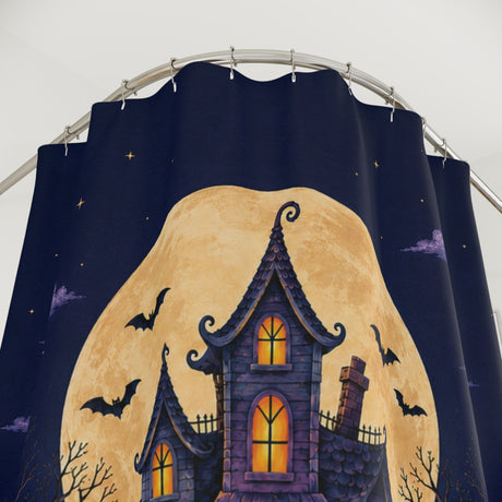 Close-up of Moonlit Haunted House Halloween Shower Curtain fabric, print, and buttonholes