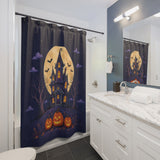 Moonlit Haunted House Halloween Shower Curtain shown beside a bathroom vanity