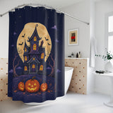 Moonlit Haunted House Halloween Shower Curtain displayed around a bathtub