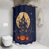 Moonlit Haunted House Halloween Shower Curtain installed in a walk-in shower