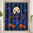 Moonlit Haunted Village Halloween Shower Curtain displayed in a bright bathroom