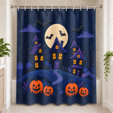 Moonlit Haunted Village Halloween Shower Curtain displayed in a bright bathroom