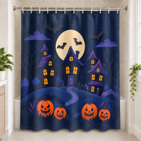 Moonlit Haunted Village Halloween Shower Curtain displayed in a bright bathroom