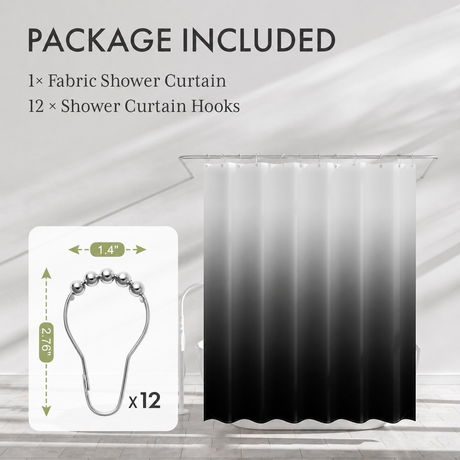 Shower curtain set package graphic showing a fabric shower curtain with a black-to-white ombre gradient, text reading 'PACKAGE INCLUDED' and '1 x Fabric Shower Curtain, 12 x Shower Curtain Hooks,' plus a size/spec inset for the hook.