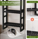 AmazerBath Black bamboo over-the-toilet rack showing toilet-mounted and wall-mounted support installation options.