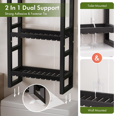 AmazerBath Black bamboo over-the-toilet rack showing toilet-mounted and wall-mounted support installation options.