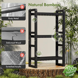AmazerBath Black bamboo over-the-toilet rack compared with rusty metal, warped wood, and scratched acrylic materials.