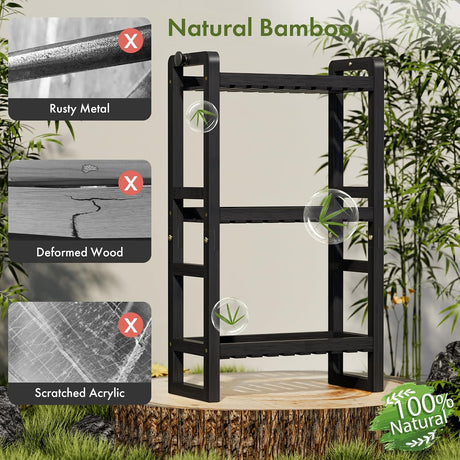 AmazerBath Black bamboo over-the-toilet rack compared with rusty metal, warped wood, and scratched acrylic materials.